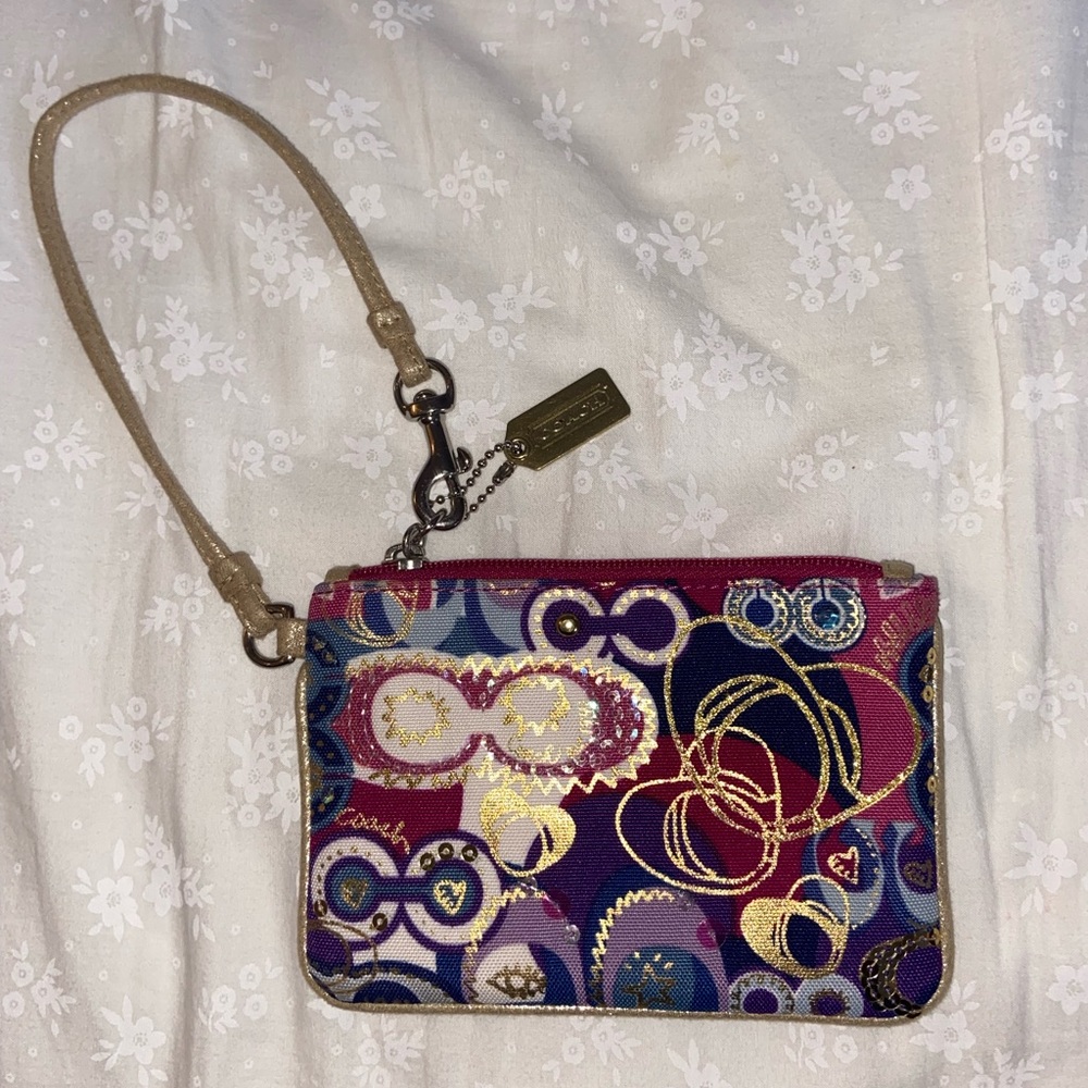 Coach Poppy Printed Logo Gold Pink Purple Wristlet Pouch Wallet Purse Bag